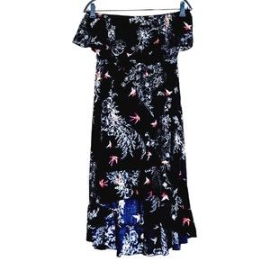 American Rag CIE Off the Shoulder Ruffle High Low Midi Bardot Black Dress